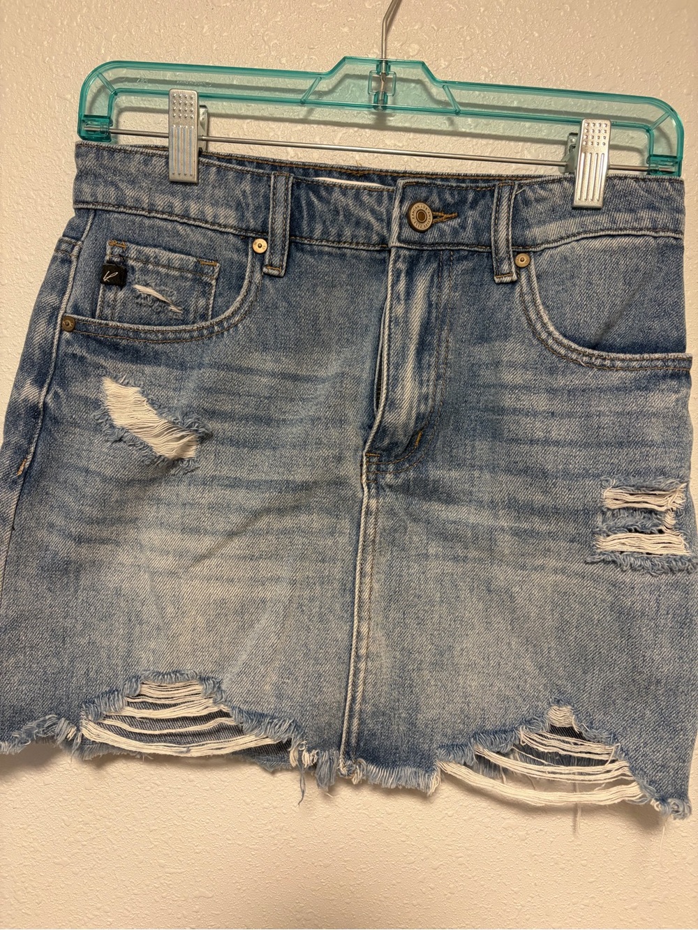 KanCan Light Blue Distressed Denim Mini Skirt with Frayed Hem
